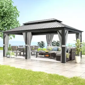 Mochen 12x20 Hardtop Gazebo With Galvanized Steel Double Roof Aluminum Gazebo With Netting And Curtain For Patio Lawn Garde