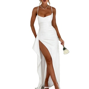 Kadın Beyaz Saten Uzun Elbise - Spagetti Askılı Yüksek Yırtmaçlı - Fabrika Toptan Özel Üretim - Product Image 1