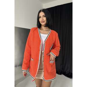 Cardigan en tricot éponge orange pour femme, décontracté, avec contraste de couleurs, anti-boulochage, à manches longues, style pull-manteau - Product Image 4