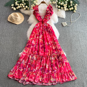 เดรสผ้าลื่นพิมพ์ลายดอกไม้3D หรูหราสำหรับผู้หญิงชุดเดรสยาวคอวีเปลือยหลังแขนกุดเซ็กซี่สำหรับผู้หญิง2025วันหยุดฤดูร้อน - Product Image 1