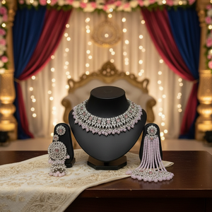 <b>Gold</b> Plated Pearl Bridal Engagement Shadow Choker Necklace <b>Set</b> Earrings Maang Tikka Ethnic Handmade High Quality Crystal - Product Image 3