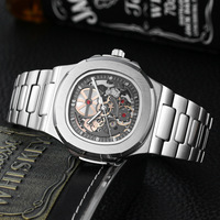 Reloj de Pulsera de Lujo para Hombre, Mecánico Automático, Esqueleto, con Caja Acolchada, Esfera con Diseño Abierto, Índices de Barra y Brazalete Integrado
