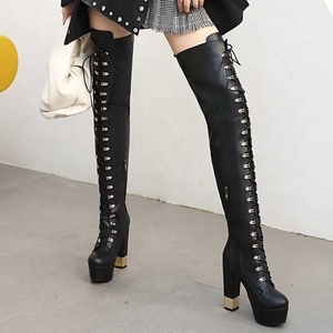 Solid High Platform High Chunky Heel Women <b>Boots</b> Silver High Heel Thigh High Booties Side Half-zip Winter Over Knee High <b>Boots</b> - Product Image 4