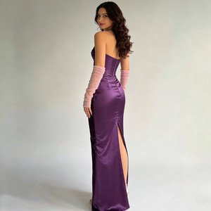 Robes <span class=keywords><strong>de</strong></span> soirée <span class=keywords><strong>de</strong></span> gala maxi à fente haute en satin violet prune sans bretelles pour femmes - Product Image 3