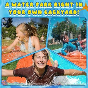 Toboggan aquatique à double voie avec imprimé océan, arroseur et matelas de chute pour le plaisir des enfants dans la cour - Product Image 3