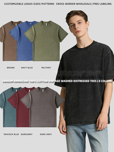 Camiseta de Cuello Redondo Vintage Lavada de Algodón 100% de 280g, Unisex, Estilo Urbano, Tallas Grandes, Versión <span class=keywords><strong>Americana</strong></span>, Camiseta Corta para Hombre - Product Image 3