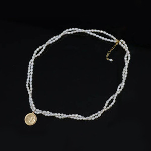 14K Gold Filled Virgin Mary Coin Necklace, Natural Rice Freshwater Pearl Chain, Dainty Handmade Religious Jewelry for Women - Product Image 1