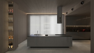 <span class=keywords><strong>Cuisine</strong></span> en U : crédence en marbre foncé, <span class=keywords><strong>hotte</strong></span> aspirante flottante, étagères ouvertes avec éclairage d'ambiance, luxe culinaire fonctionnel - Product Image 5