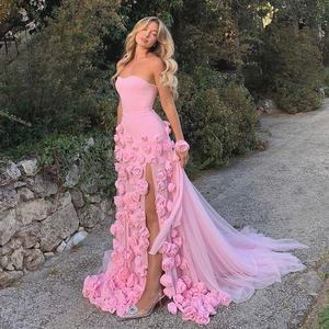 strapless open back dress Strapless High Low Hot Pink Tulle Long Prom Dresses, High Low Hot Pink  Formal Dresses with Train, Hot Pink Evening Dresses SP2955 main image 0