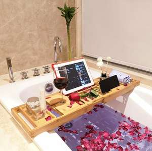 Plateau <span class=keywords><strong>de</strong></span> bain en bois bambou, étagère <span class=keywords><strong>de</strong></span> <span class=keywords><strong>baignoire</strong></span> <span class=keywords><strong>de</strong></span> haute qualité, étagère <span class=keywords><strong>de</strong></span> <span class=keywords><strong>baignoire</strong></span>, caddie en bois, avec côtés extensibles, 1 pièce - Product Image 1