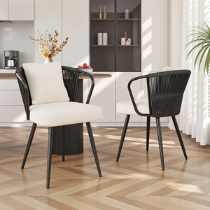 Chaise de salle à manger ergonomique moderne et respirante, avec dossier artisanal en corde tressée, assise en polaire Teddy et pieds réglables - Product Image 1