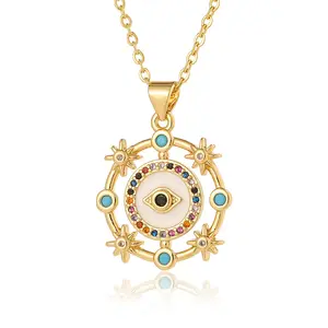 Collier religieux en laiton zircon plaqué or Evil Eye Collier en cuivre Collier à breloques Blue Evil Eye plaqué or