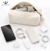 Sac de rangement en velours gaufré grande capacité pour femme avec logo personnalisé, couleur unie, sac de maquillage portable avec pompon – Vente en gros