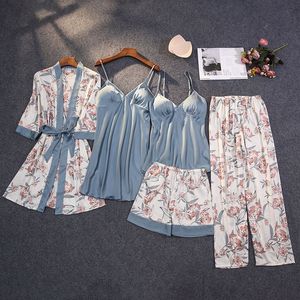 Vente chaude pyjamas imprimés non élastiques <span class=keywords><strong>ensemble</strong></span> 5 pièces <span class=keywords><strong>satin</strong></span> floral sexy <span class=keywords><strong>noir</strong></span> pyjamas contraste couleur femmes chemise de nuit - Product Image 1