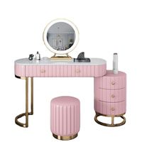 Meuble de chambre à coucher moderne de luxe rose en pin massif, coiffeuse avec miroir et éclairage – Offre spéciale
