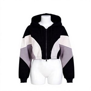 Sweat-shirt court à capuche zippé pour femme, color block, épaules tombantes, tricoté, mode automne - Product Image 3