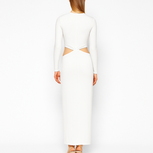Vente en gros personnalisée <span class=keywords><strong>Robe</strong></span> <span class=keywords><strong>longue</strong></span> <span class=keywords><strong>blanche</strong></span> élégante de haute qualité pour femmes moulantes à manches longues et découpées - Product Image 2