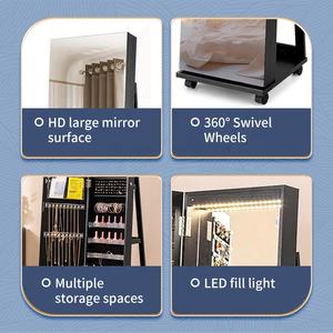 قابل للقفل منظم المجوهرات خزانة دولاب 4 بكرات أرضية قائمة أضواء ليد مرآة كاملة الطول مع التخزين - Product Image 2