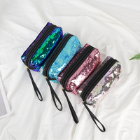 Pochette de toilette à fermeture éclair personnalisée à grande poignée, à paillettes double face, sac à maquillage pour femmes