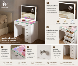<span class=keywords><strong>Table</strong></span> de toilette moderne blanche avec bande lumineuse LED RGB, plateau en verre, 5 tiroirs, boutons en cristal, bureau de maquillage avec miroir LED tactile pour chambre à coucher - Product Image 6