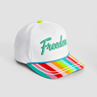 Casquette de baseball/golf structurée à 5 panneaux avec logo personnalisé, rayures verticales, visière imprimée par sublimation et broderie script, couleur blanche