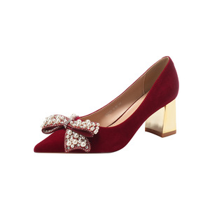Zapatos de boda rojos para mujer, tacón de bloque, punta puntiaguda, decoración con lazo, elegantes, sin cordones, tacón medio, cómodos 6555H-017 - Product Image 5
