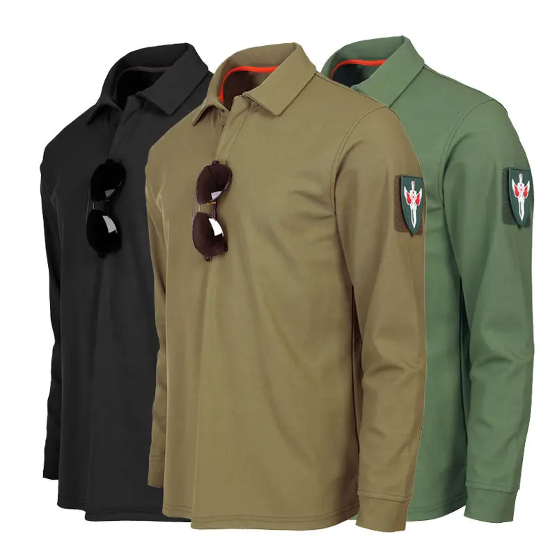 Men's plus size long sleeve 100% polyester polo shirts custom print outdoor sports army green mens knitted Quick Dry polo shirts