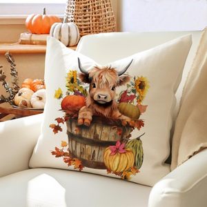 RABUSOFA Fall 18x18 Set <b>4</b> Decorative <b>Pillows</b> Highland Cow Outdoor Thanksgiving Hello Pumpkin Sunflower Leaves Throw <b>Pillow</b> - Product Image 6