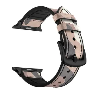 كامو جلد طبيعي سوار معصم من السيليكون حزام (استيك) ساعة ل أبل iWatch سلسلة 7 6 5 4 3 2 1