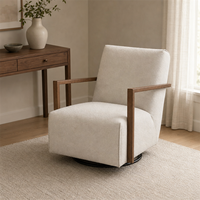 Fauteuil pivotant rembourré avec accoudoirs en bois ouvert et base métallique, chaise de salon rotative à 360° pour chambre à coucher
