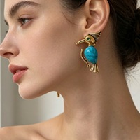 Boucles d'oreilles clous hypoallergéniques pour femmes, style occidental, motif oiseau hibou-briseur doré et turquoise, accessoires animaliers