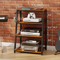 Support multimédia trapézoïdal à 4 niveaux en bois et métal avec crochets, étagère de rangement pour disques vinyles, étagère pour console de jeux pour la maison, le salon