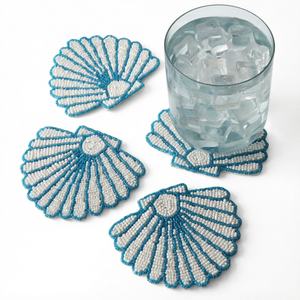 <b>Shell</b> Shape Fabric Coasters Mediterranean Design Washable Drink Mats White Blue Pattern - Product Image 1