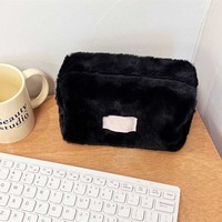 Pochette à fermeture éclair portable et mignonne pour papeterie, pochette de maquillage portable pour femmes, pochette cosmétique en fourrure moelleuse, logo personnalisé, fabrication OEM