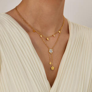 Ожерелье с кубическим цирконием и позолотой, двойной слой, с кисточками и цветами, в простом стиле - Product Image 3