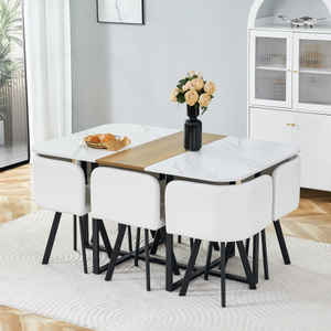7-Piece Space-Saving Dining Set MDF <b>Table</b> + 6 PU Chairs Modern Eco-Friendly <b>Kitchen</b> Furniture <b>for</b> <b>Small</b> Spaces & Hotels - Product Image 2
