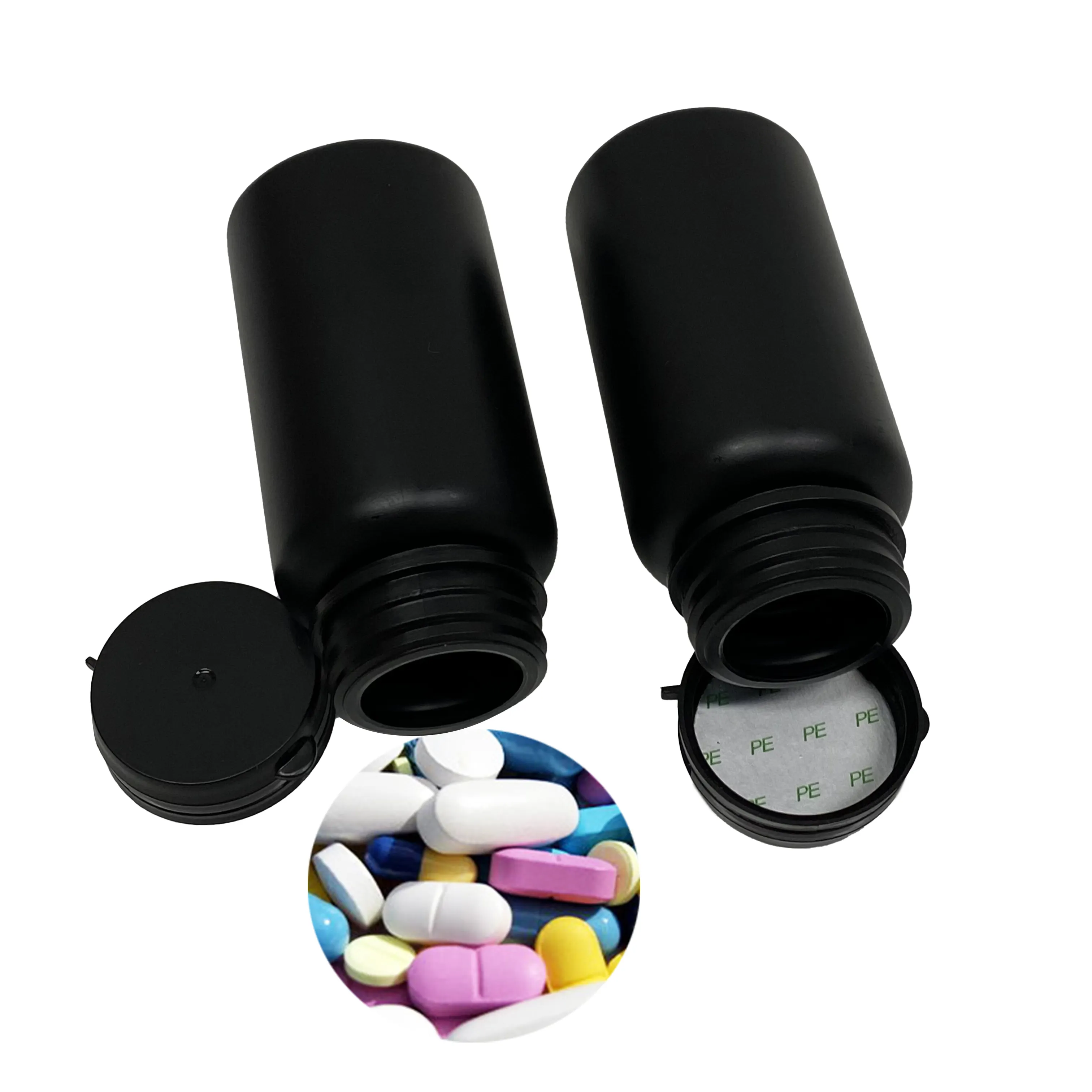 Botella de plástico PET negra farmacéutica con tapa negra a prueba de niños, tarro de PET negro para cápsulas de pastillas