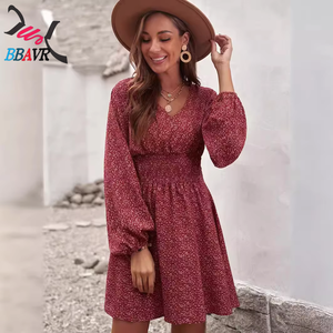 European and American <b>Style</b> Women S Pullover Vneck Dress With Long Sleeves and Pleated Waistband - Product Image 2