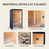 Sauna intérieur PLOUTARA avec chauffage en pierre, cadre noir, intérieur en bois clair, banc large et éclairage en bande sur le dessus