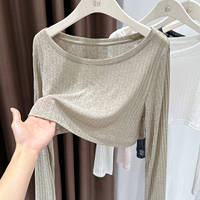 Damen-Strickpullover mit Bootsausschnitt und langen Ärmeln, kurz geschnitten, schmal geschnitten, strukturiert, leicht und dünn, als Basis-Oberteil tragbar