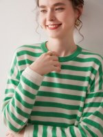Doux et anti-âge pour femmes 100% pur cachemire/laine col rond rayé brillant coupe ample couche de base tricotée pull décontracté