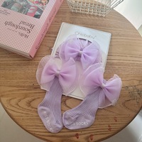 Ensemble de chaussettes et bonnet pour nouveau-né en gros – Chaussettes en coton mignonnes pour bébés filles, couleur unie avec nœud, chaussettes mi-hautes pour bébé