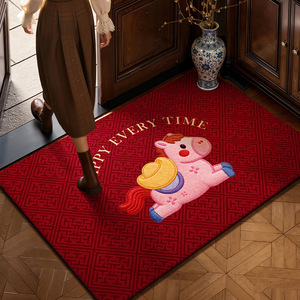 Tapis de bienvenue festif Nouvel An 2026 en velours rouge, motif poney de dessin animé, rectangulaire, pour entrée intérieure - Product Image 1