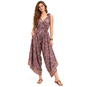 Mono de verano casual para mujer, transpirable, a rayas, sin mangas, con cuello en V, cintura con lazo, pierna ancha, largo completo, de poliéster - Product Image 1