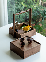 Boîte en bois de noyer noir double couche avec couvercle à poignée, joint queue de pie, 4 compartiments, écologique, portable, vintage, pour cérémonie du thé
