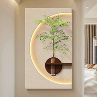 Lukisan Dekoratif Modern Dengan Tekstur Batu Pasir untuk Dekorasi Rumah Gaya Vertikal Dengan Vas Kaca dan Mural Berlampu LED