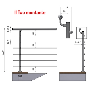 MAIN COURANTE DROITE Ø 33.7 DÉCALAGE 6 CROSSBEAMERS AISI 304 FIXATION EN ACIER INOXYDABLE SATINÉ Hauteur du sol Balustrades réglables - Product Image 1