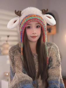 Bonnet en fausse fourrure <span class=keywords><strong>de</strong></span> renne à rayures arc-en-ciel, tricoté, avec oreilles et bois <span class=keywords><strong>de</strong></span> cerf, pour femmes et filles, cadeau <span class=keywords><strong>de</strong></span> Noë<span class=keywords><strong>l</strong></span>, vente en gros - Product Image 3