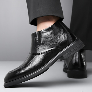 Bottes Chelsea pour hommes en cuir véritable, bout pointu, talon plat, doublure en fourrure, isolantes, chaussures d'hiver formelles pour le travail - Product Image 3