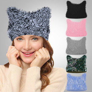 Cat Ear Knitted Hat Winter Fleece Lined Windproof Warm Head Cover For Outdoor Cycling Adult Solid Color - Product Image 1